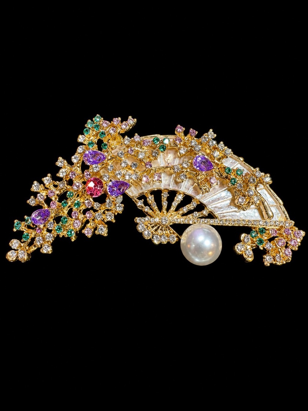 Gold Fan Brooch with Multicolor Gem Accents and Pearl